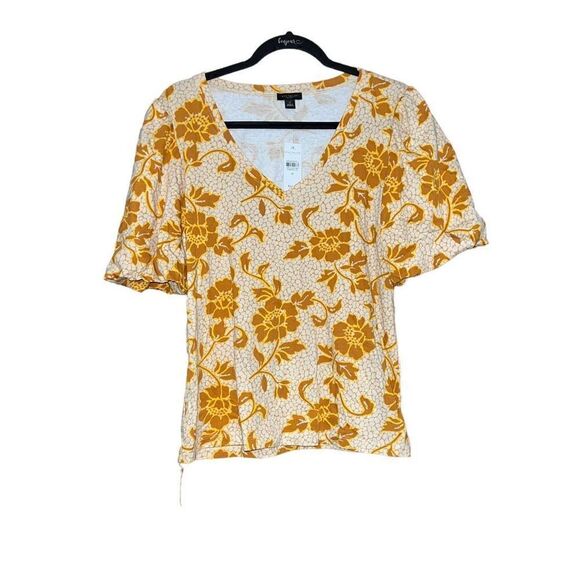 NWT ANN TAYLOR Orange Floral Print Puffed Sleeve Blouse Size Medium - Picture 1 of 7